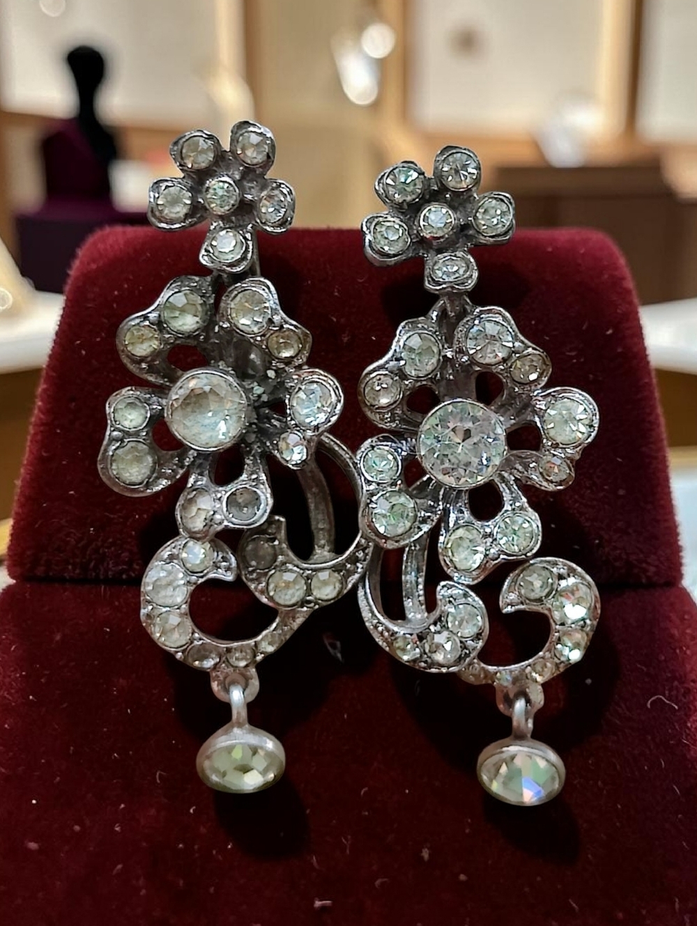 Antique 835 Silver Paste Stone Flower Earrings